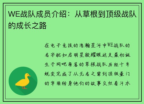 WE战队成员介绍：从草根到顶级战队的成长之路