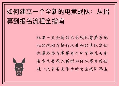 如何建立一个全新的电竞战队：从招募到报名流程全指南